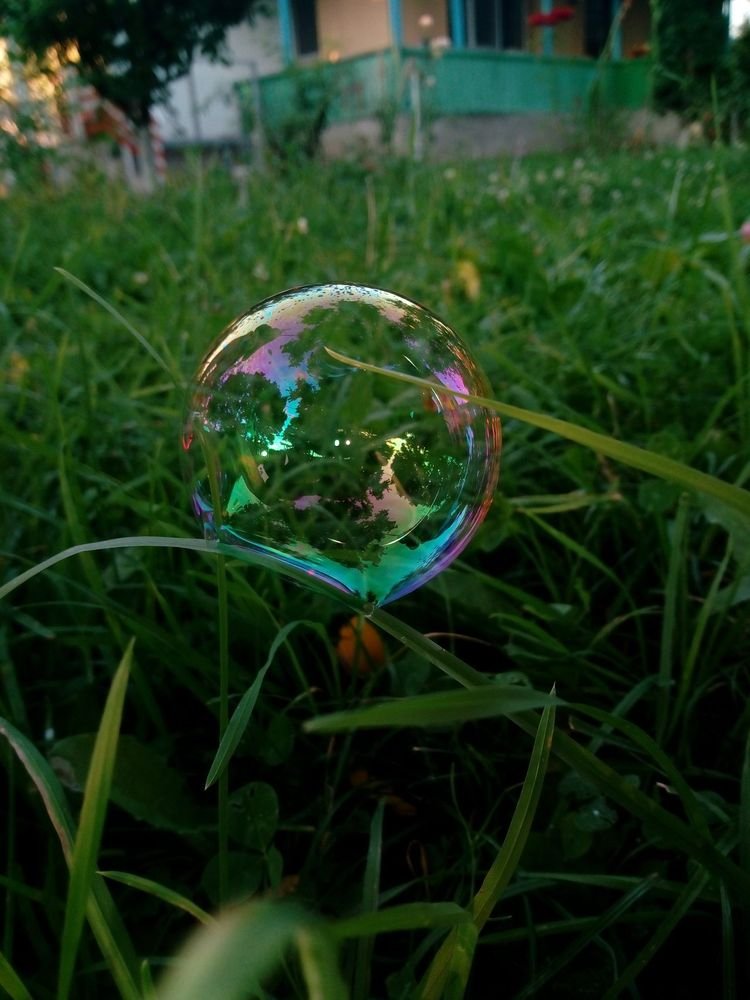 Bulle de savon irisée aux reflets arc-en-ciel.